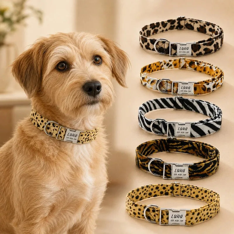 Custom pet collars for dogs, featuring animal‑print patterns, with customisation available for pet names and phone numbers