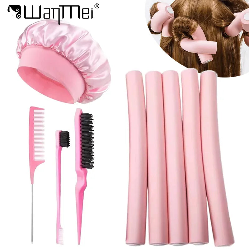 WanMei Heatless Foam Hair Curler Set with Satin Sleep Cap Rat Tail Teasing Comb No Heat Lazy Curling Rod Hair Accessories Summer