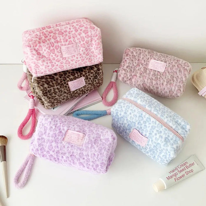 Leopard Print Plush Makeup Bags with Handle Portable Travel Cosmetic Storage Bag Toilet Bag Cute Pencil Case Fashion Handbag