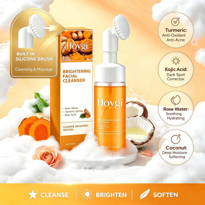 2-in-1 Turmeric Brightening Cleanser,Built in Silicone Brush Head,Synergistic Brightening Formula,Amino Acid Based Gentle Cleansing,Rose Water Hydration&Calming,Deep Nourishing, Cleansing&Hydrating All in One,Instant Foaming Mechanism,Clean&Natural
